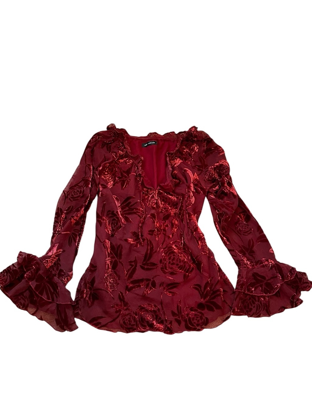 Anne Carson Velvet Burnout Top Ruffle Floral Bell Sleeve Whimsigoth Dark Romance